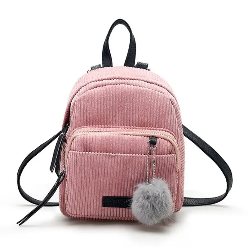 Cute Fashion Mini All-matched Big Fluffy Ball Pendant Pockets Canvas Backpacks For Young Girl