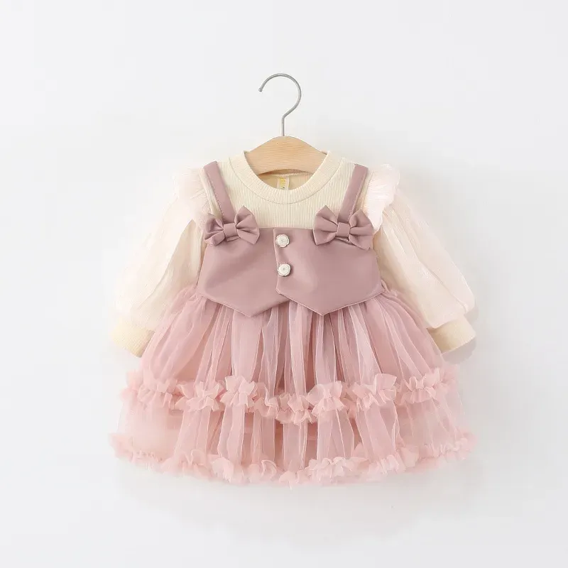 Wholesale Kids Girls Fashion Pu Leather Fake Two-Piece Puffy Yarn Long-Sleeve Mesh Dress