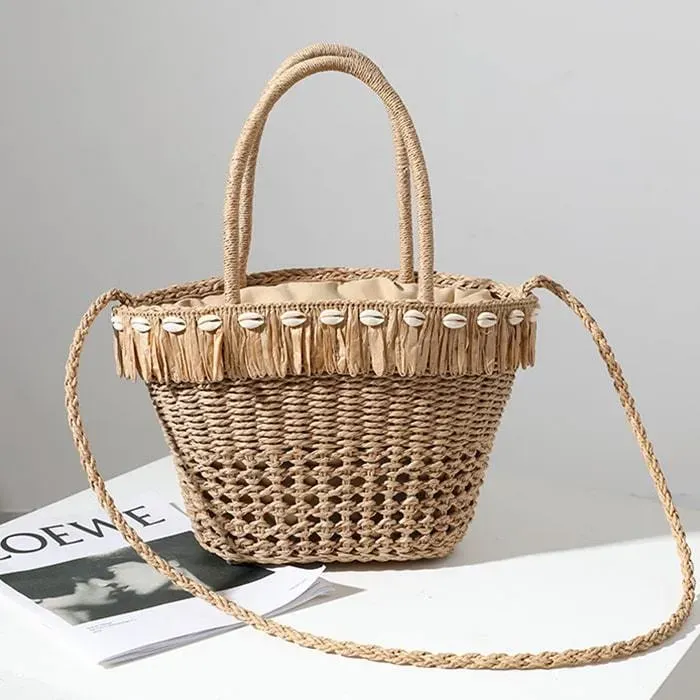 Women Vacation Style Tassels Shell Decoration Straw Woven Handle Bag