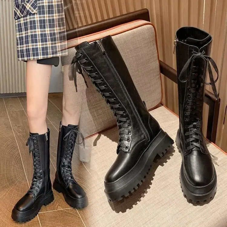 Fashion Women Lace-up Side Zipper Thick-soled Solid Color PU High Boots
