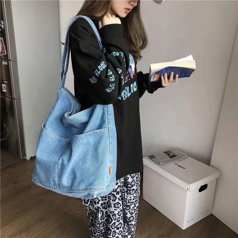 Fashion Denim Women Casual Design Solid Color Large Capacity Shoulder Handle Tote Bag