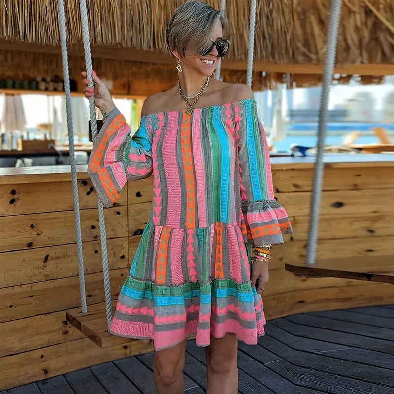 Fashion Boho Vintage Women Flare Sleeve Vacation Off-Shoulder Casual Loose Dress