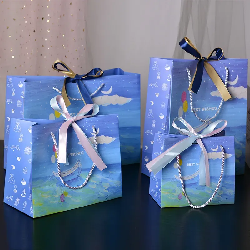 Simple Creative Boat Printing Bow Ribbon Gift Packaging Paper Bag
