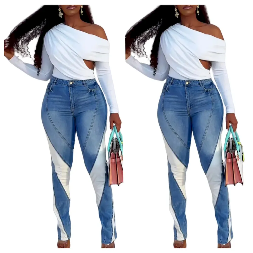Women Fashion Casual Colorblock Skinny Jeans