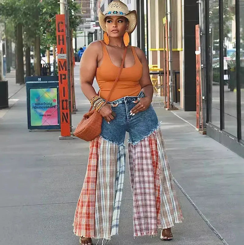 Women Casual Wide Leg Patchwork Jeans