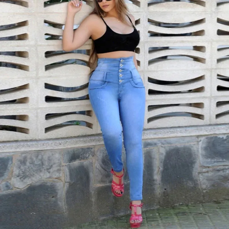 Fashion Basic Women Plus Size Button High-Waisted Skinny Jeans