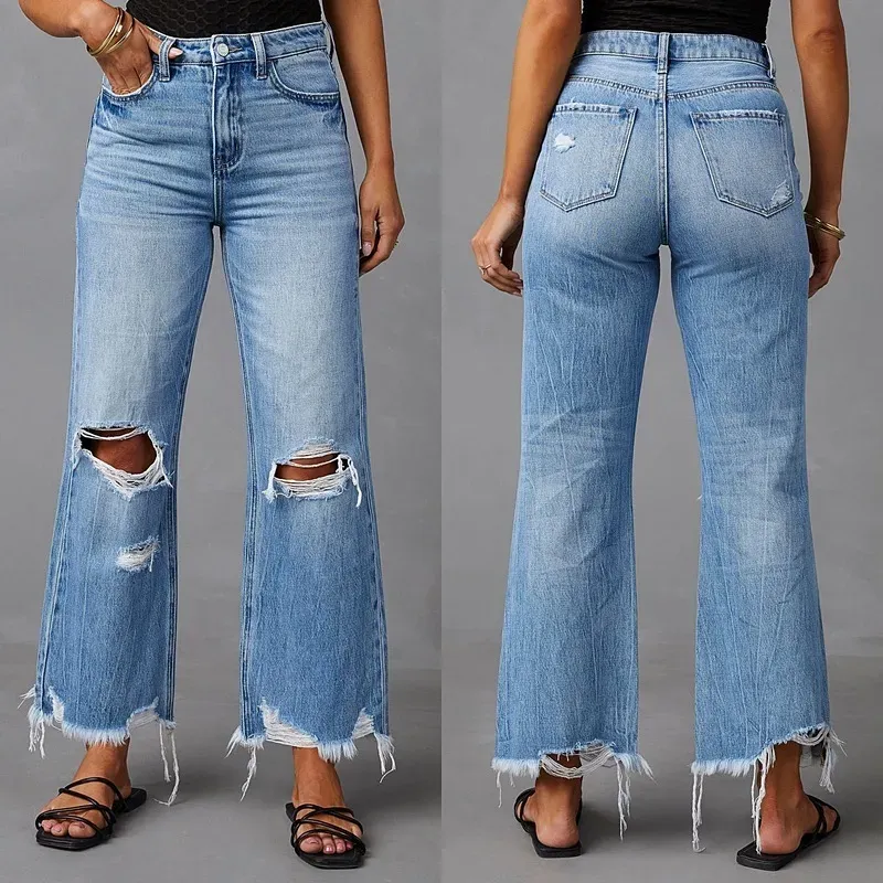 Women Casual Ripped High-Waist Straight Raw Hem Jeans