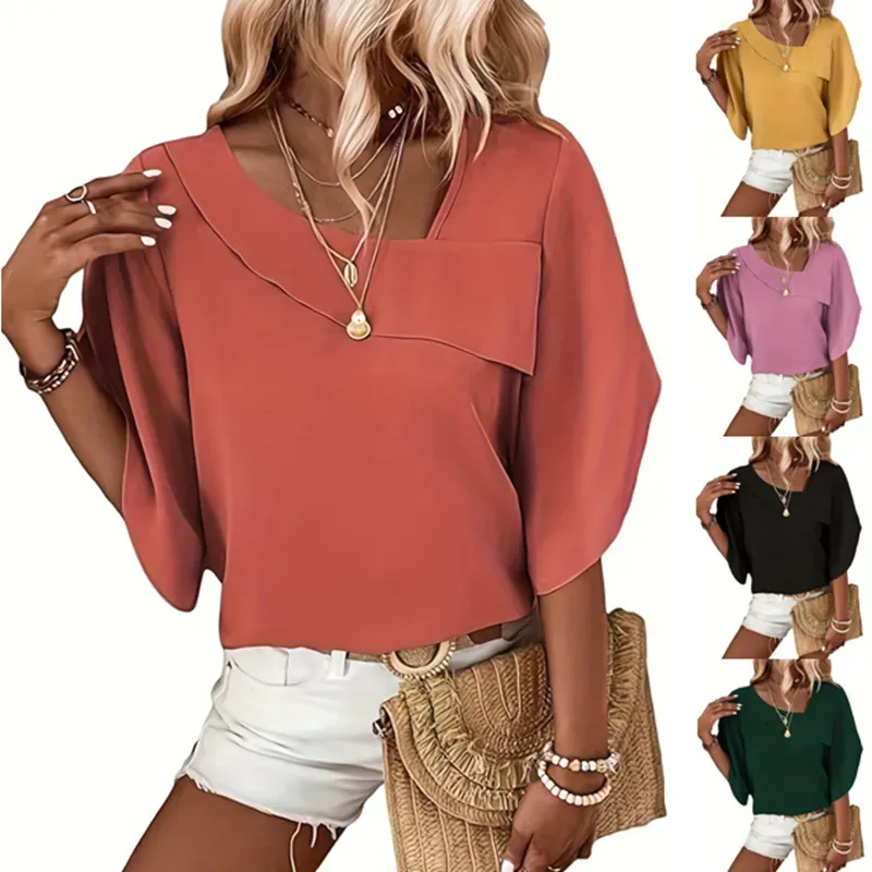 Summer Women Casual Solid Color Asymmetric Collar Shirt Top
