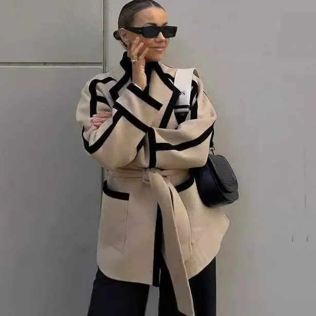 Autumn And Winter Women Casual Double-Sided Woolen Lace-Up Long-Sleeve Coat