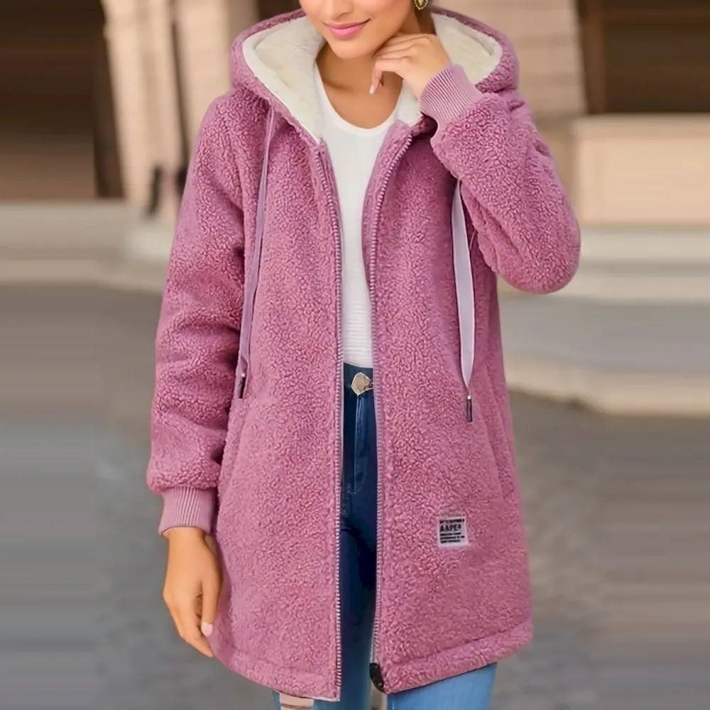 Autumn Winter Women Fashion Fleece-Lined Thickened Lamb Fleece Letter Embroidered Zipper Long Sleeve Jacket