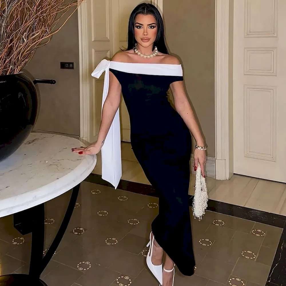 Women Elegant Off-Shoulder Ribbon Bodycon Maxi Dress