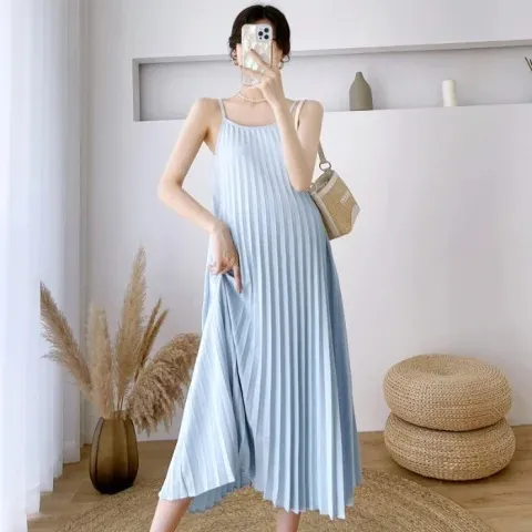 Pregnant Women Casual Loose Solid Color Pleated Camisole Dress