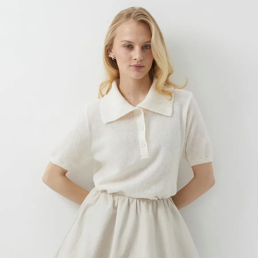 Women Fashion Casual Solid Color Hollow-Out Lapel Short-Sleeve Knitwear