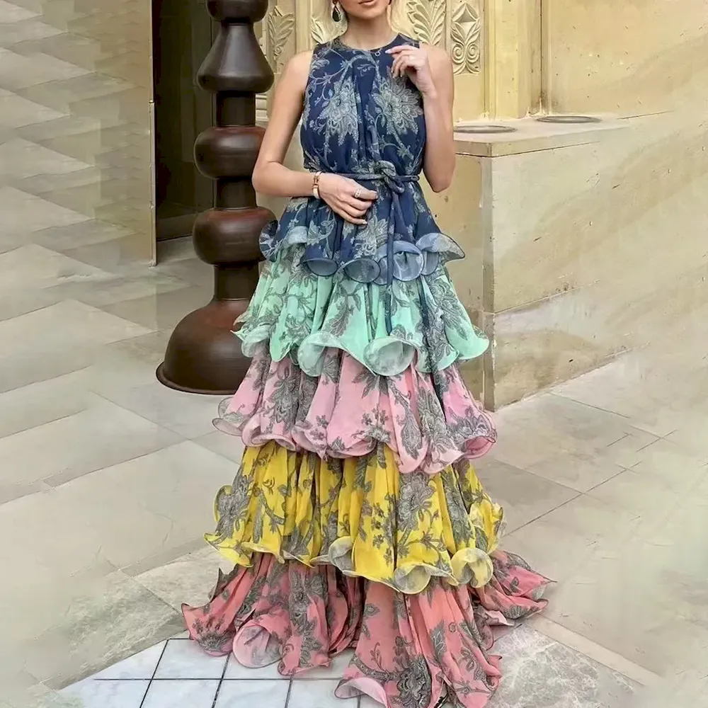 Women Fashion Elegant Boho Floral Printed Ruffled Sleeveless Dress