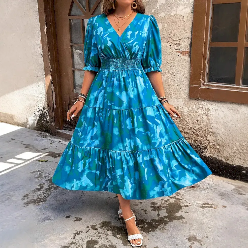 Women Fashion Elegant Plus Size Floral Print V-Neck Short-Sleeve Pleated Dress