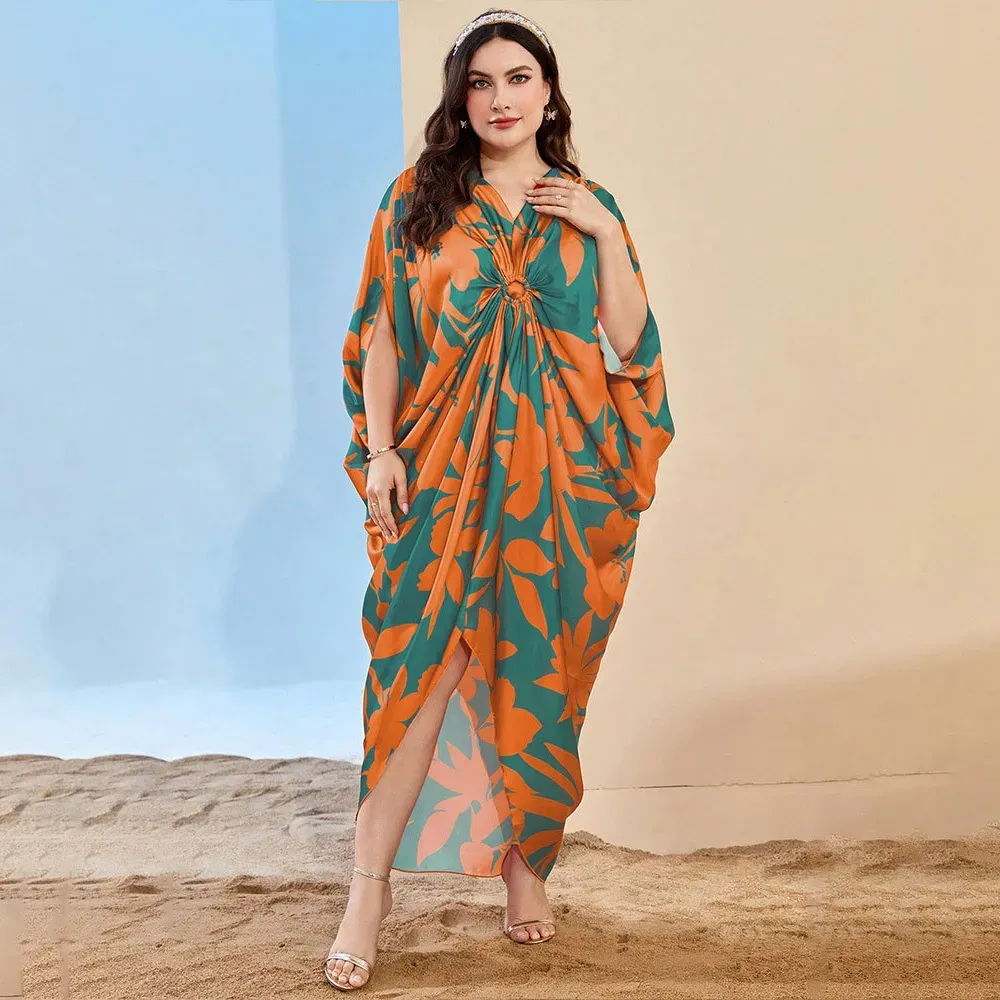 Women Fashion Elegant Print V-Neck Short-Sleeve Pleated Loose Dress