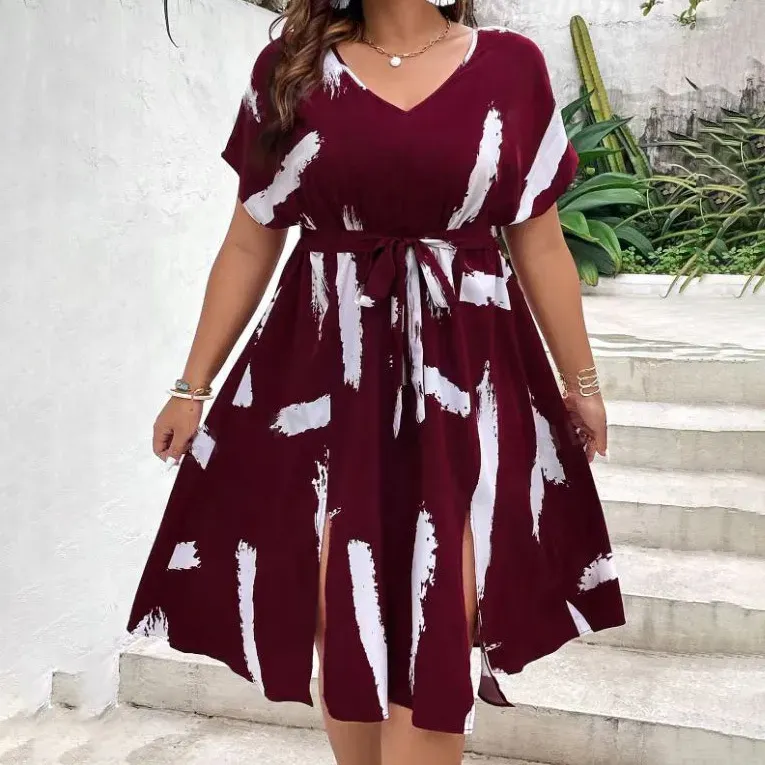Women Fashion Casual Plus Size Printed V-Neck Short-Sleeve Loose Dress