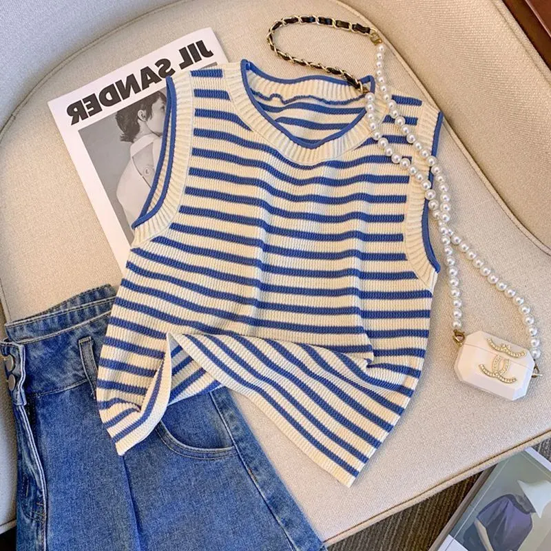 Ice Silk Stripe Knitted Women Summer Tank Top