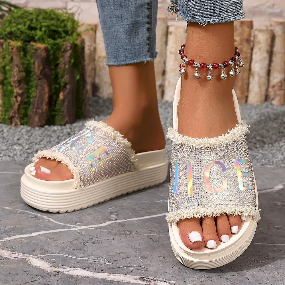 Fashion Rhinestone Platform Slippers
