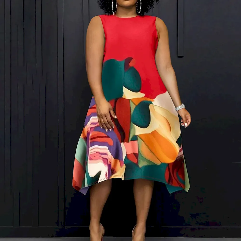Women Fashion Casual Plus Size Printed Round Neck Sleeveless Loose Dress
