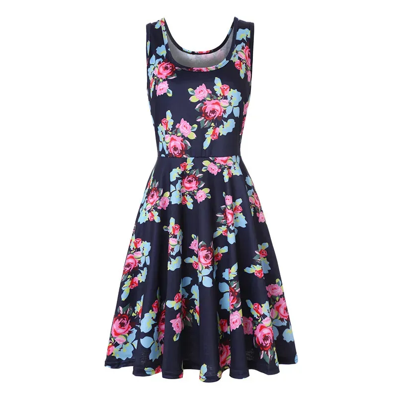 Women Fashion Casual Printed Round Neck Sleeveless Loose Dress