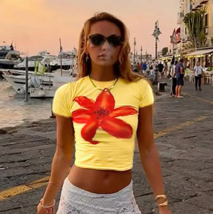 Women Fashion Cute Printed Round Neck Short-Sleeve Crop Top