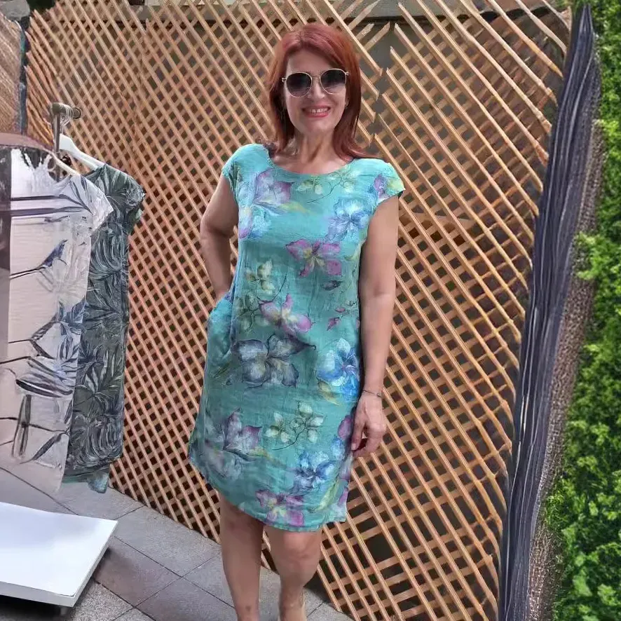 Women Fashion Casual Plus Size Floral Printed Round Neck Short-Sleeve Slim-Fit Dress