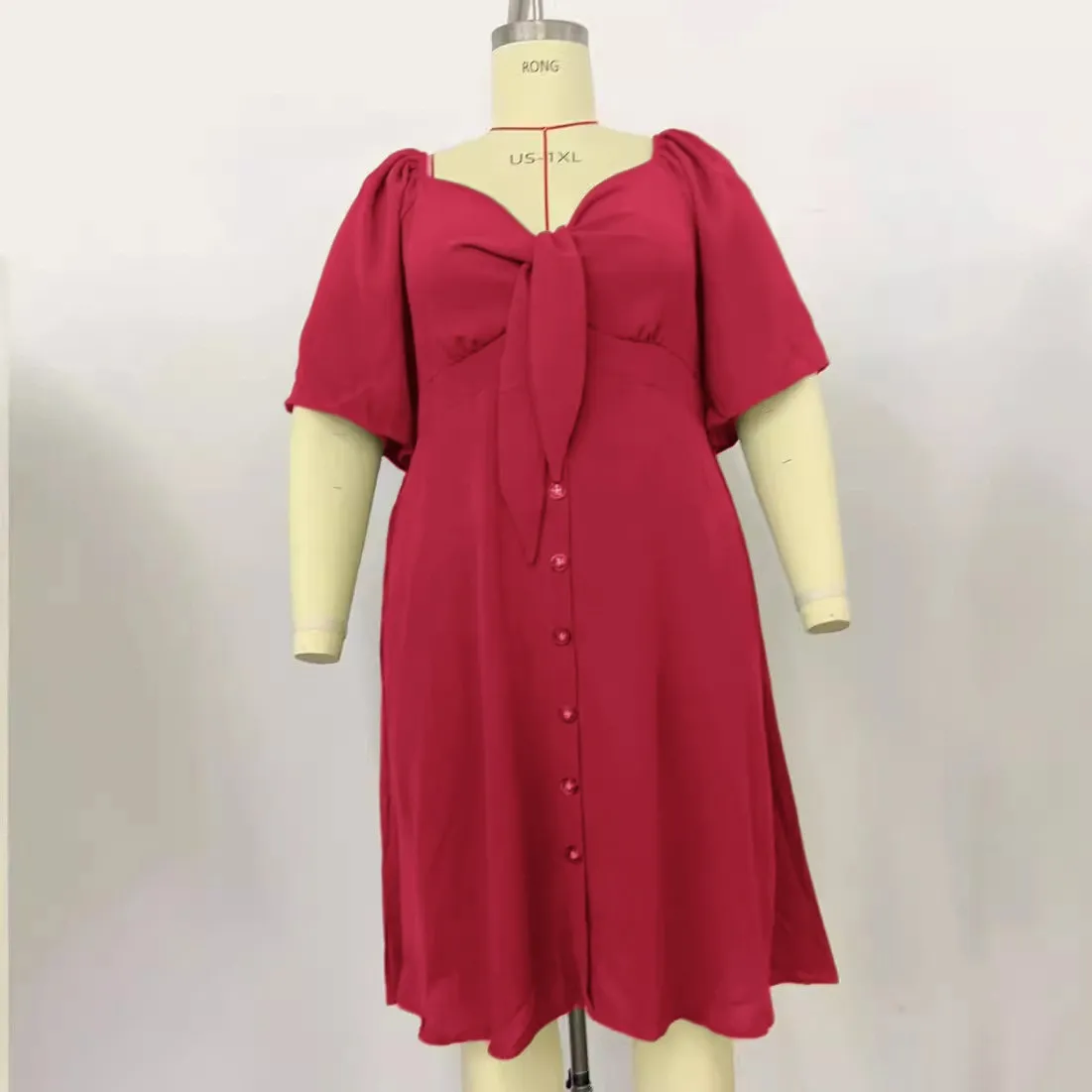 Women Fashion Plus Size Solid Color V-Neck Short Sleeve Single Breasted Dress