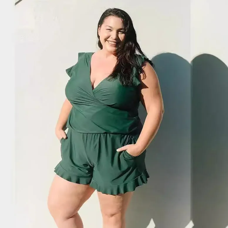 Women Fashion Sexy Plus Size Printed V-Neck Edge Curl Sleeveless Rompers