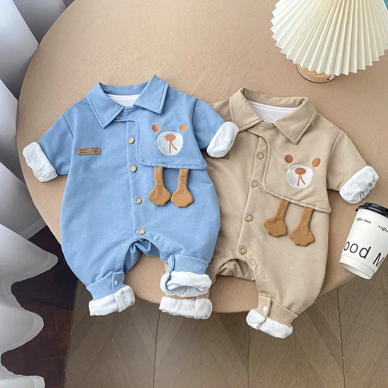 Wholesale Baby Boy Long Sleeve Handsome Cartoon Bear Rompers