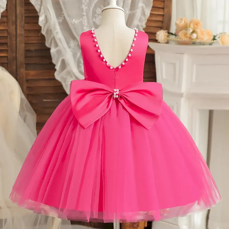 Wholesale Kids Girl'S Fashion Elegant Solid Color Pearl Decoration Bowknot Fluffy Backless Party Princess Dress