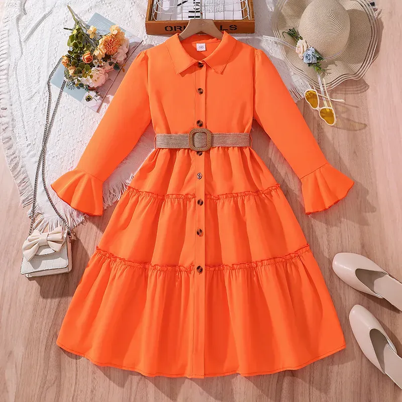 Wholesale Kids Girl'S Fashion Elegant Solid Color Lapel Long Sleeve Ruffled Dress